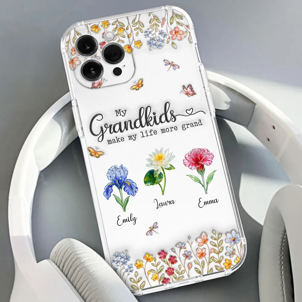 Clear Silicone Phone Case 'My Grandkids Make My Life More Grand' Floral Design - Personalized Gift for Grandma