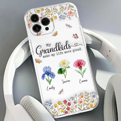 Clear Silicone Phone Case 'My Grandkids Make My Life More Grand' Floral Design - Personalized Gift for Grandma