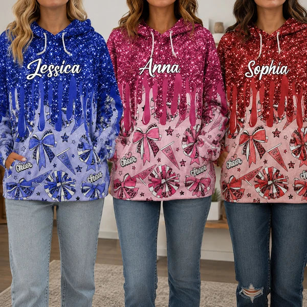 Personalized Youth Printed Flannel Hoodie, Pink Glitter Cheer Design, Unique Gift for Young Cheerleaders