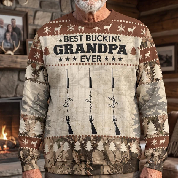 Personalized Printed Sweatshirt with Rustic Reindeer Design, Unique Winter Gift for Grandpa
