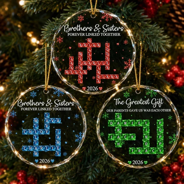 Personalized Crystal Ornament, Blue Snowflake Family Crossword on Christmas Tree, Unique Gift for Siblings