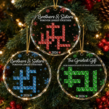 Personalized Crystal Ornament, Blue Snowflake Family Crossword on Christmas Tree, Unique Gift for Siblings