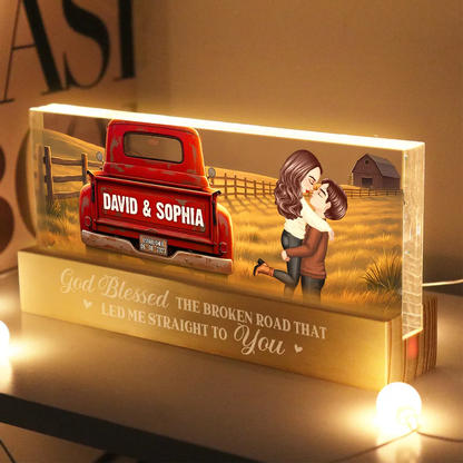 Personalized Block LED Light Plaque With Couple Kissing by a Red Truck, Rustic Sunset Scene, Unique Anniversary Gift