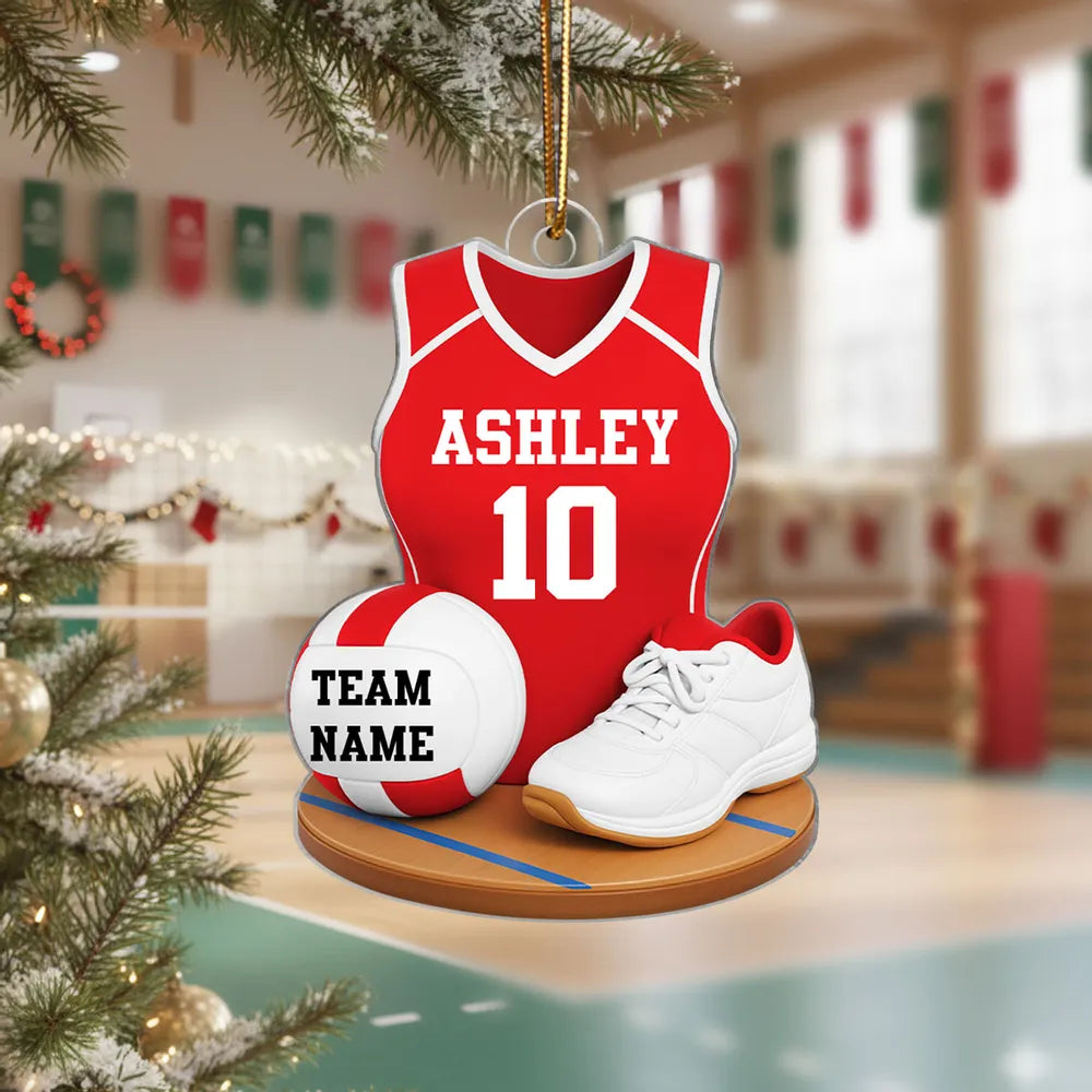Personalized Acrylic Ornament with Red Volleyball Jersey, Ball and Shoes, Unique Christmas Gift for Player
