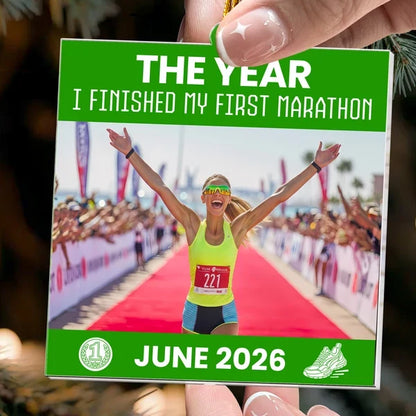Personalized Acrylic Ornament, Raised-Arms First Marathon Memory, Creative Achievement Gift for a Runner
