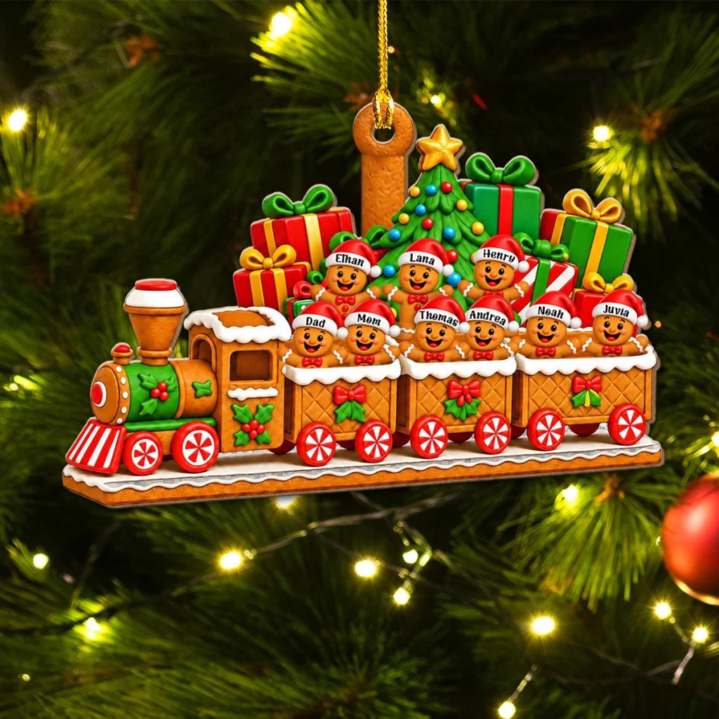 Personalized Acrylic Ornament, Gingerbread Family Riding a Colorful Train, Unique Christmas Gift for Family