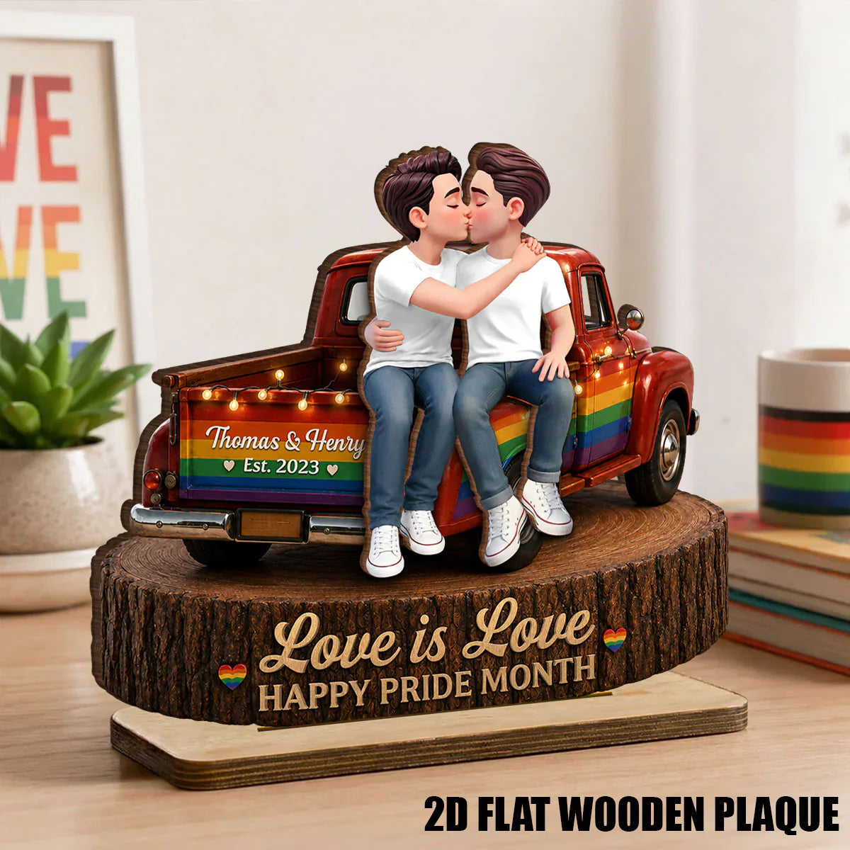 2-Layer Wooden Plaque for Same-Sex Couple, Kissing Rainbow Truck Happy Pride Month Creative Gift