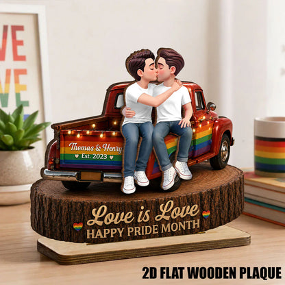 2-Layer Wooden Plaque for Same-Sex Couple, Kissing Rainbow Truck Happy Pride Month Creative Gift
