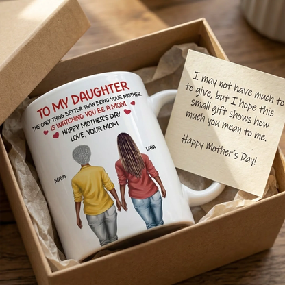 White Ceramic Mug Personalized for a Daughter, Heartwarming Father and Daughter Illustration, Thoughtful Mother's Day Gift