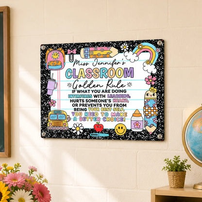 Personalized Rectangular Iron Sign for Teacher, Rainbow Classroom Golden Rule Decor, Unique Gift