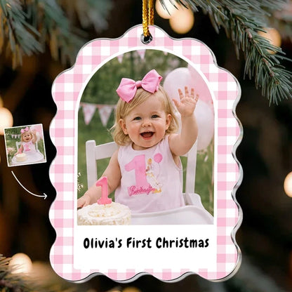 Personalized Acrylic Ornament With Pattern Border, Child Milestone Keepsake, Unique Christmas Gift for Family