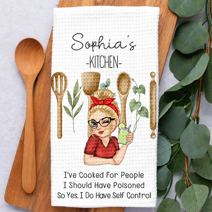 Personalized Kitchen Towel with Funny Cooking Quote and Wine Girl Illustration, Unique Gift for Home Cooks
