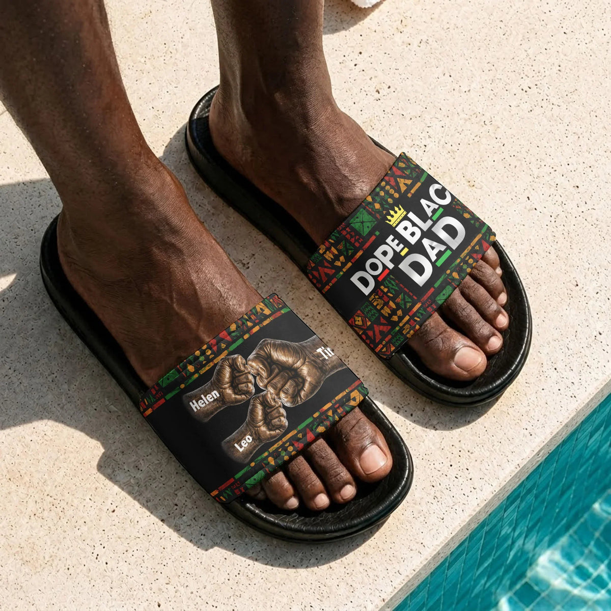 Personalized Men's Slide Sandals, Dope Black Dad Fist Bump Design, Unique Father's Day Gift for Dad