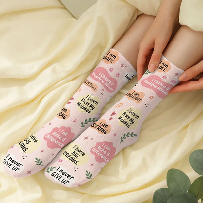 Kids Crew Socks with I Am Kind Affirmations, Personalized Encouragement, Creative Gift for Son or Daughter