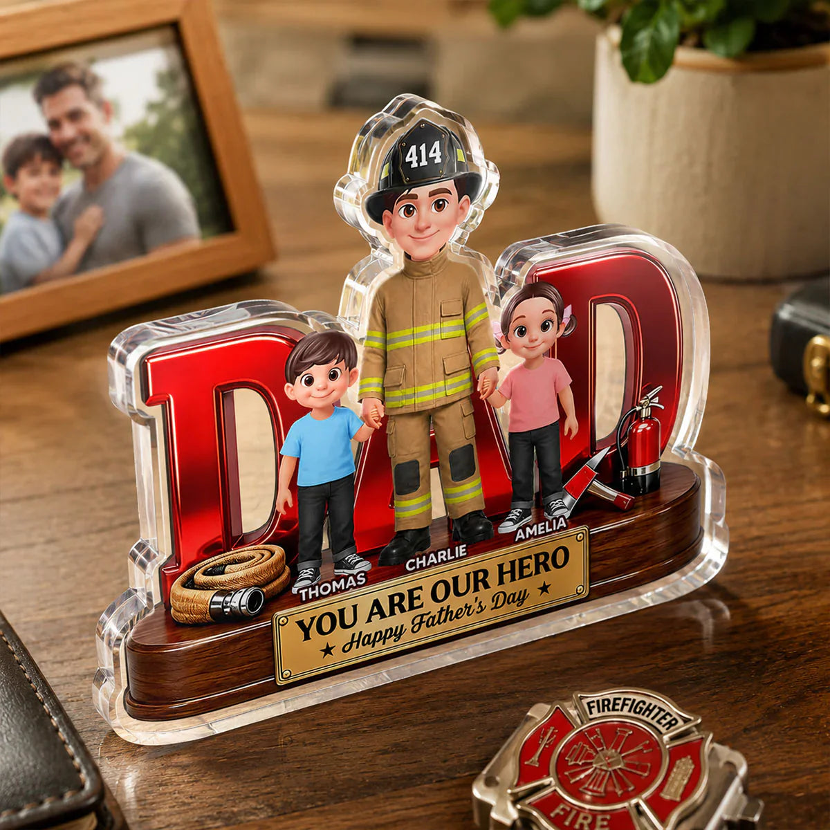 Acrylic Block Plaque with Firefighter Dad Holding Kids, Unique Hero Gift for Dad