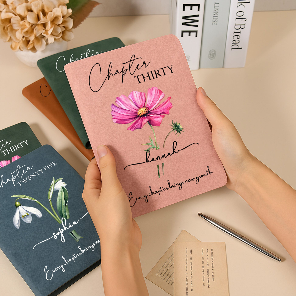 Personalized Leather Journal with Birth Year Chapter and Floral Art, Unique Birthday Gift for Her to Celebrate Every New Chapter
