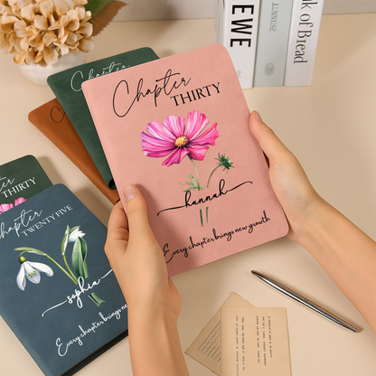 Personalized Leather Journal with Birth Year Chapter and Floral Art, Unique Birthday Gift for Her to Celebrate Every New Chapter