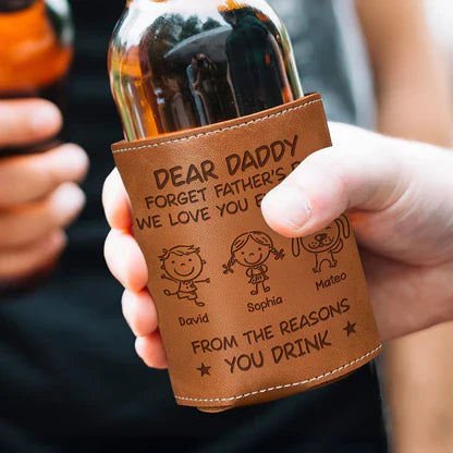 Custom Leather Can Cooler, Dear Daddy Doodle Drink Gift From Kids & Dog, Unique Creative Gift For Dad