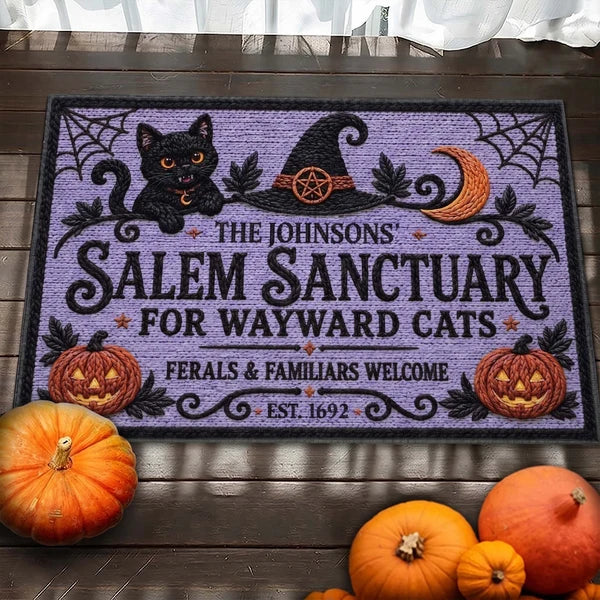 Personalized Standard Doormat with Seated Black Cat and Witch Hat, Unique Halloween Gift for Cat Lovers