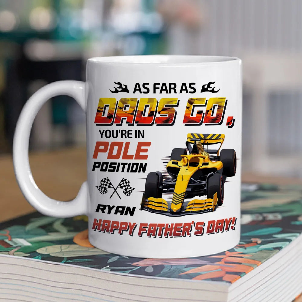 Personalized White Ceramic Mug For Dad With Racing Car Art, Unique Father's Day Gift