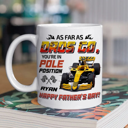 Personalized White Ceramic Mug For Dad With Racing Car Art, Unique Father's Day Gift