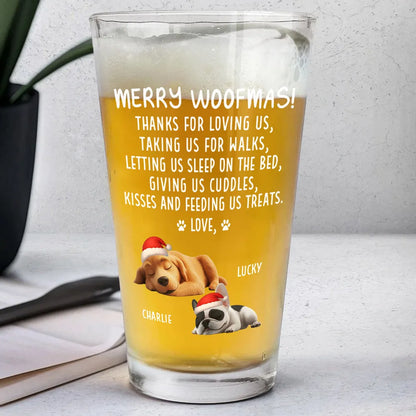 Beer Glass for Dog Lovers - Sleeping Puppy Santa Design, Christmas Message, a unique personalized gift for the home bar