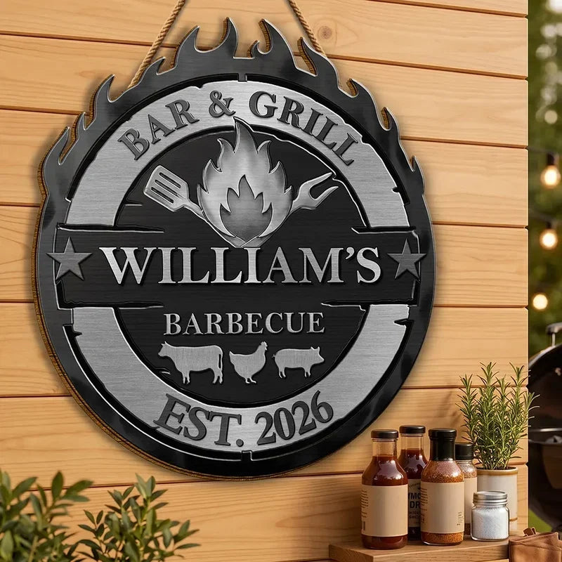 Personalized Wooden Sign with Flame and Grilling Icons, Creative Gift for Backyard Cooks and Hosts