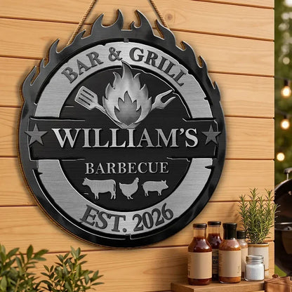 Personalized Wooden Sign with Flame and Grilling Icons, Creative Gift for Backyard Cooks and Hosts