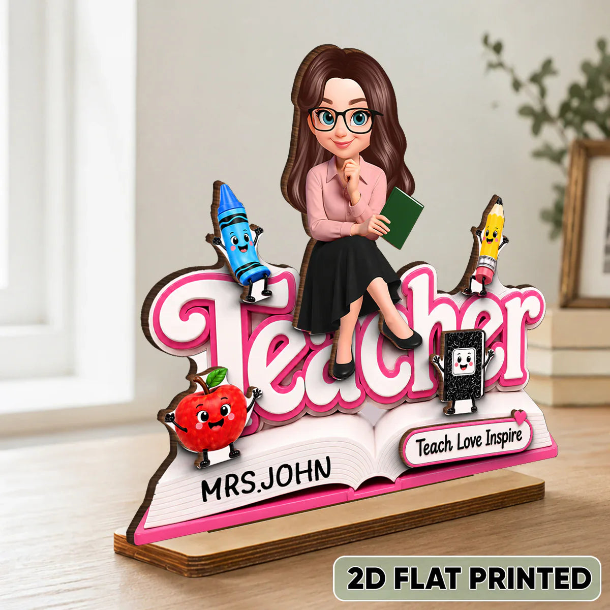 Custom 2-Layer Wooden Plaque, Cute Cartoon Teacher With Book, Creative Gift for a Caring Educator