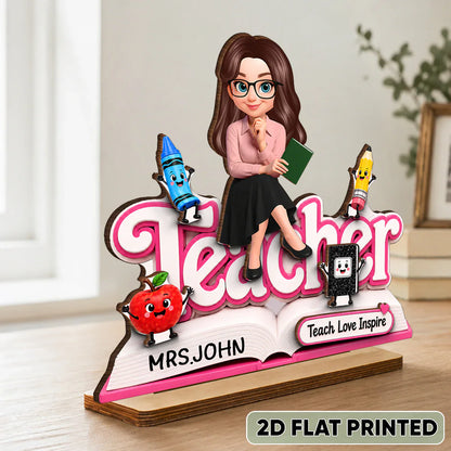 Custom 2-Layer Wooden Plaque, Cute Cartoon Teacher With Book, Creative Gift for a Caring Educator