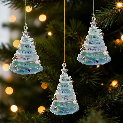 Personalized Acrylic Ornament, Icy Blue Family Tree Hanging on a Christmas Tree, Unique Gift for Family