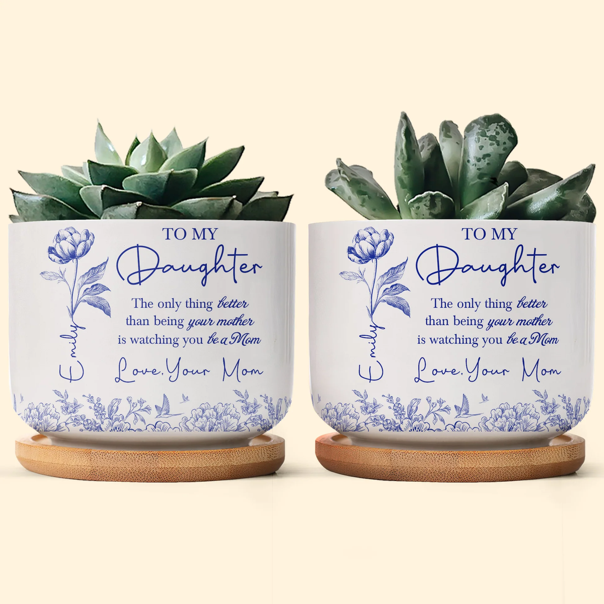 Ceramic Planter with Tray, To My Daughter Love Mom Quote, Blue Botanical Calming Decor, Unique Personalized Gift