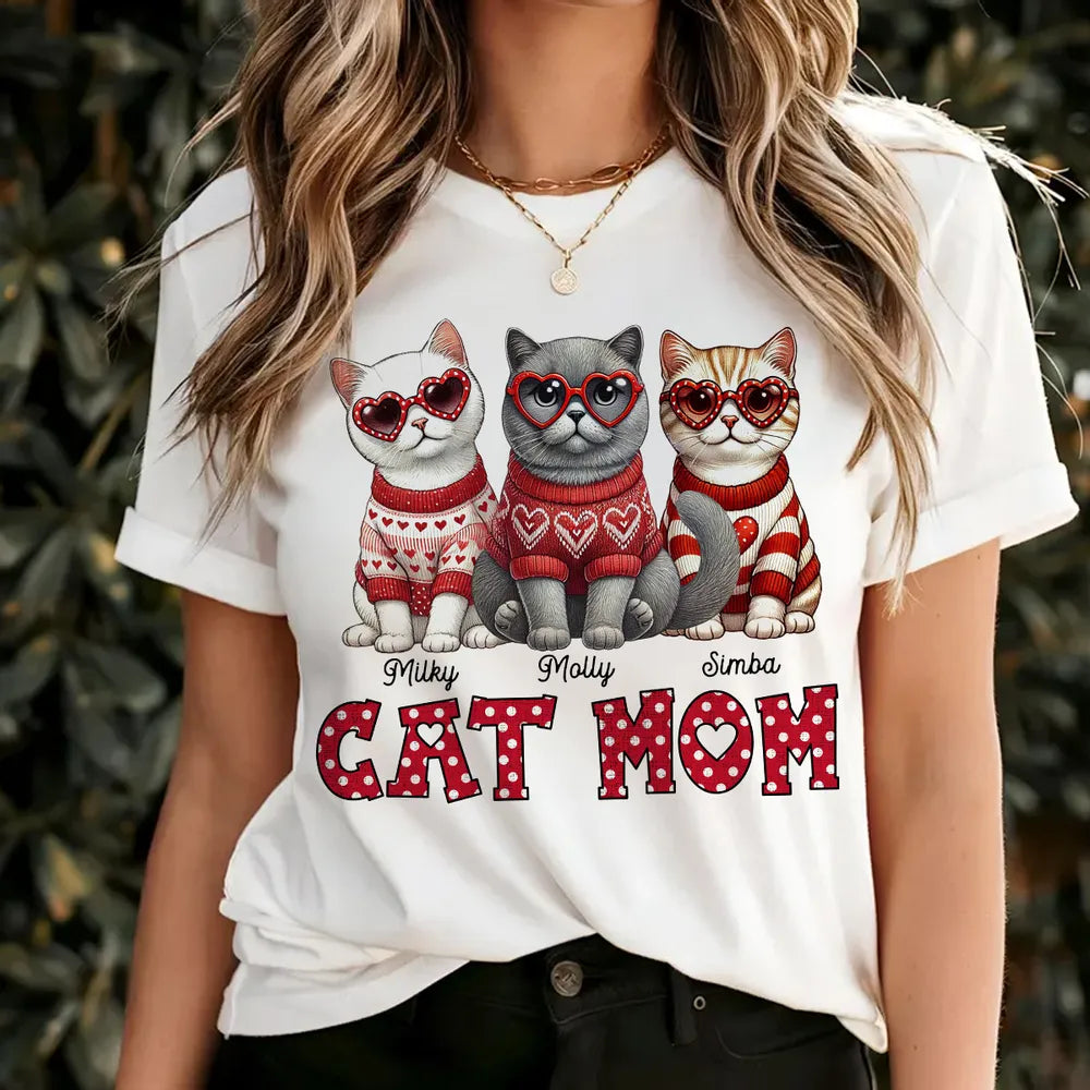 Cat Mom Classic Tee Personalized with Your Cats' Look, Sweet Heart Theme Shirt, Thoughtful Unique Gift for Her