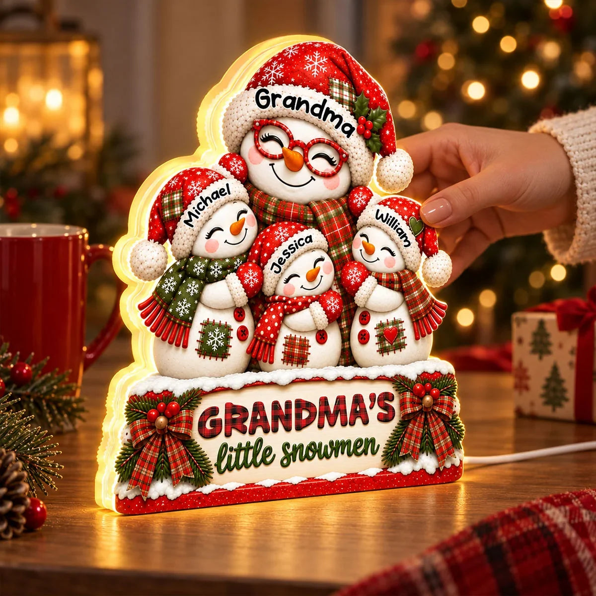 Personalized Acrylic Light Box, Smiling Grandma and Little Snowmen Christmas Scene, Unique Gift for Grandma