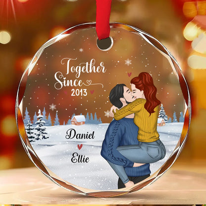 Crystal Ornament with Romantic Couple Illustration, Cozy Holiday Vibes, Perfect Gift for Couples