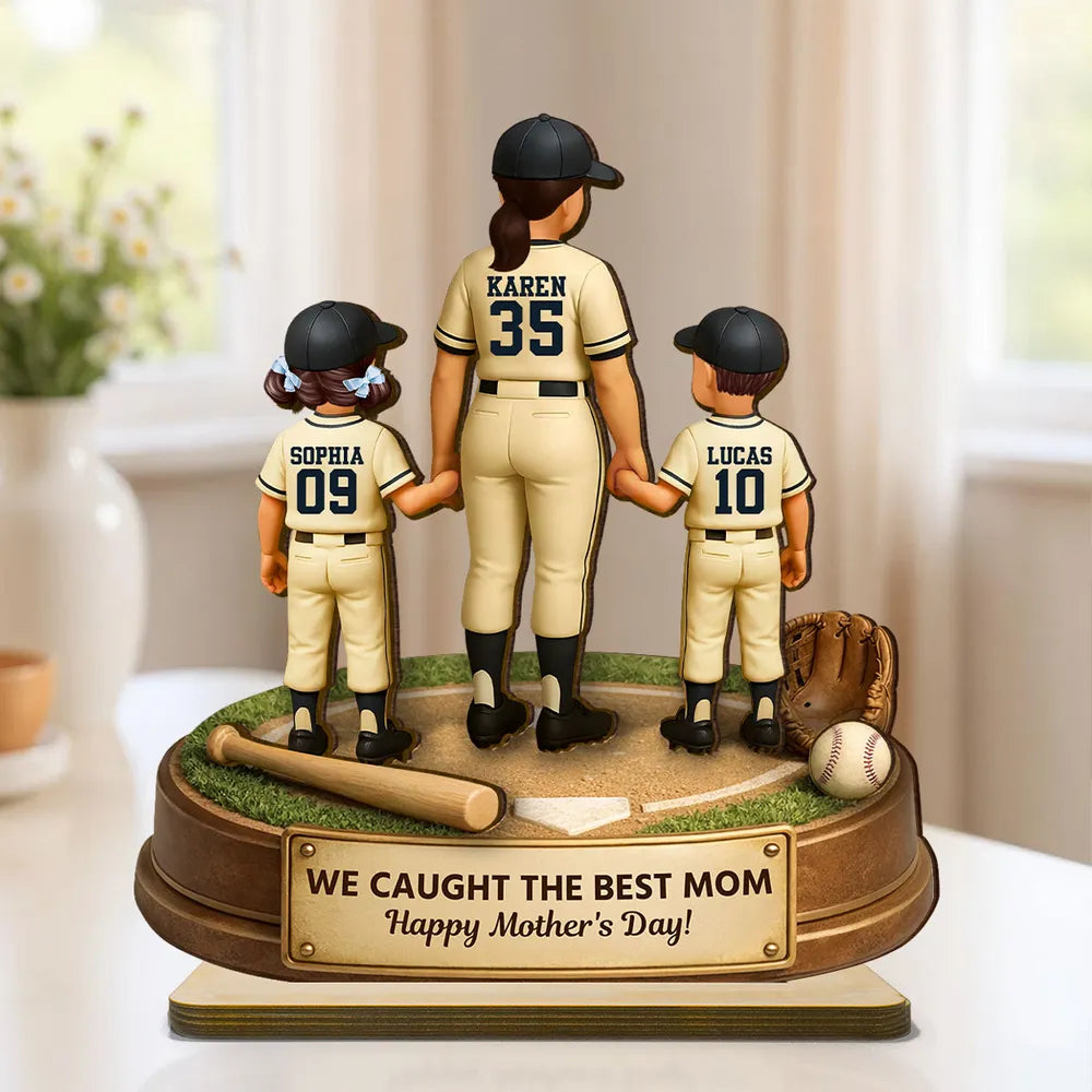 Personalized 2-Layer Wooden Plaque, Baseball Mom Holding Kids' Hands, 'We Hit a Home Run' Message, Unique Mother's Day Gift