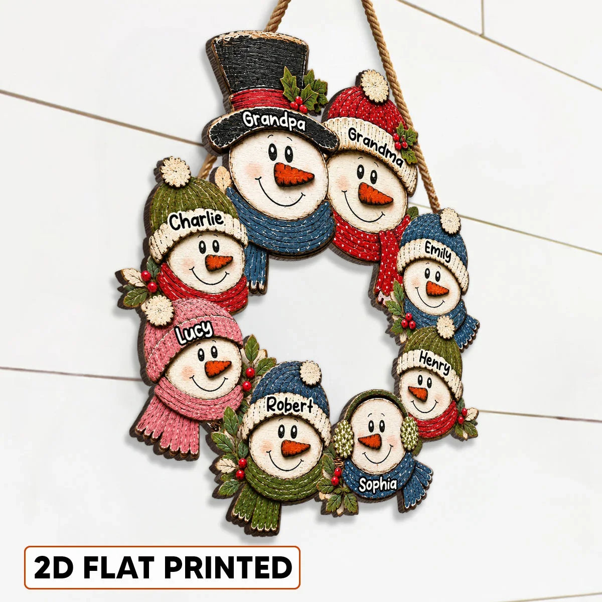 Personalized Wooden Sign, Rustic Snowman Family Wreath for Door or Porch, Unique Christmas Gift for Grandparents