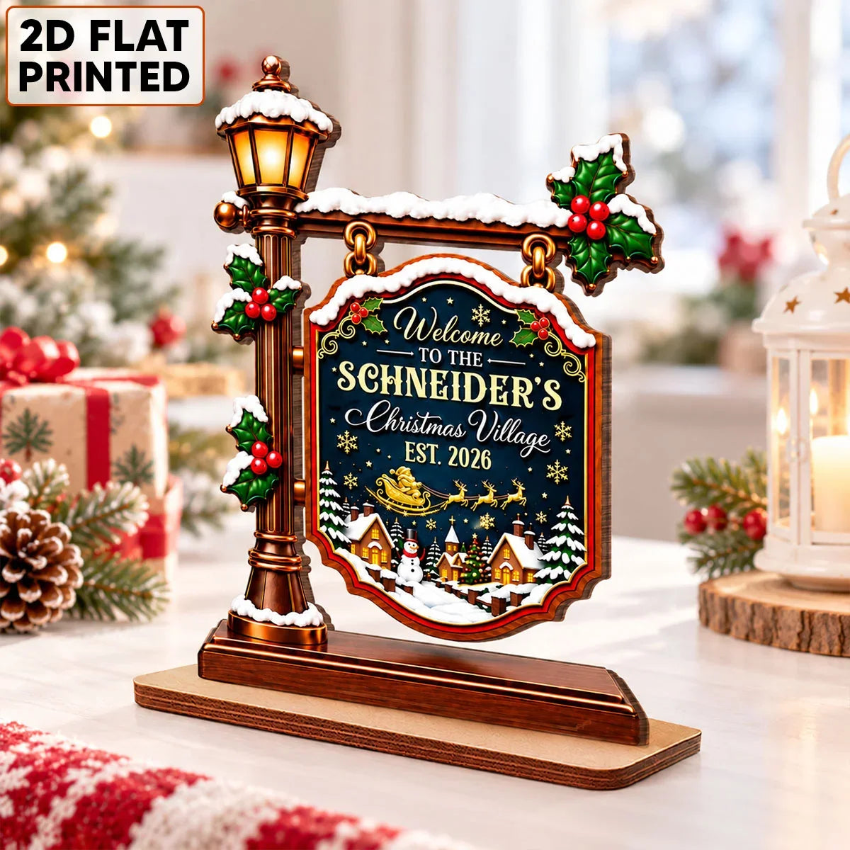 2-Layer Wooden Plaque, Personalized Snowy Christmas Village Keepsake, Creative Gift for Parents & Grandparents