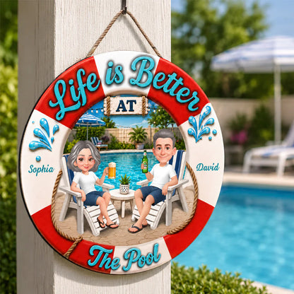 Personalized Wooden Sign, Life Is Better at The Pool, Couple Relaxing with Drinks, Unique Gift