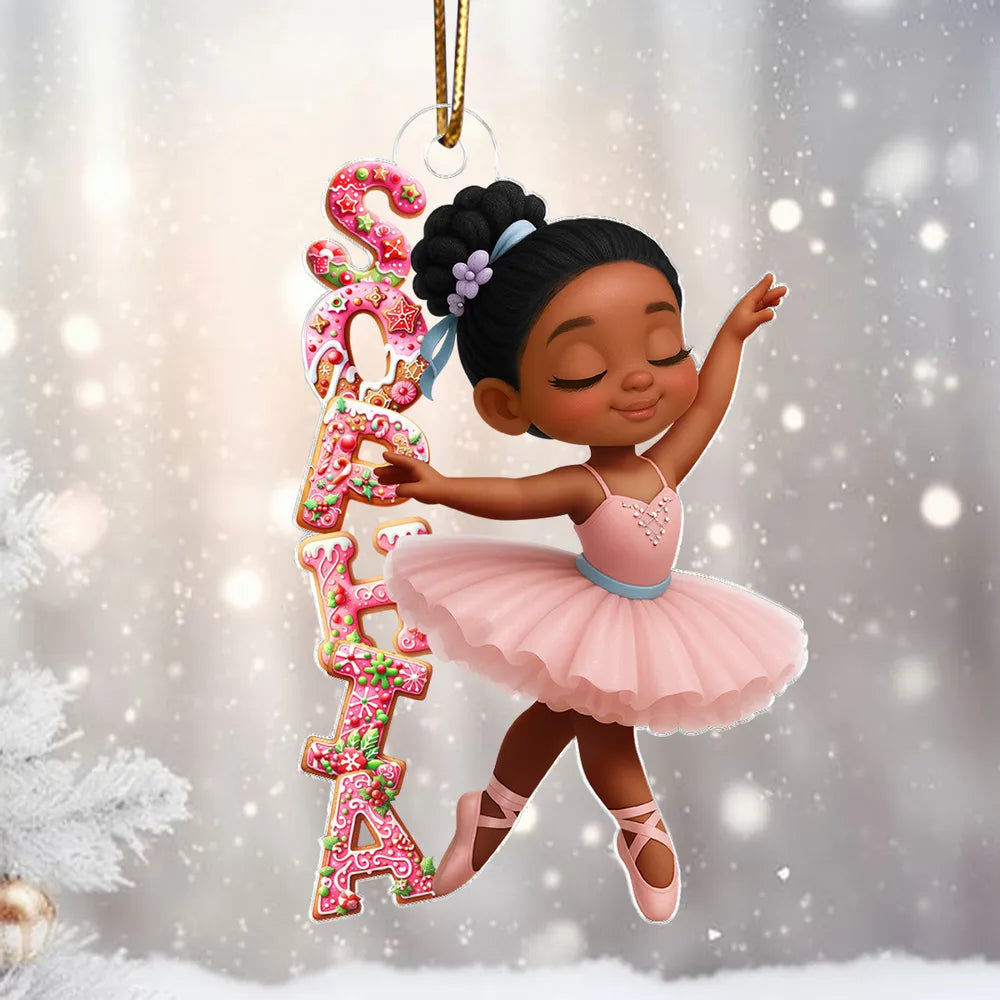 Personalized Acrylic Ornament, Pink Ballerina Dancing with Gingerbread Letters, Unique Christmas Gift for Girls
