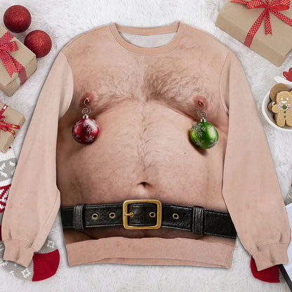Personalized Printed Sweatshirt, Tan Christmas Torso Illusion with Ornaments, Beer-Holding Look, Unique Gift for Him