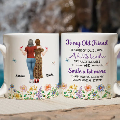 Personalized White Ceramic Mug With Old Friends & Floral Art, Unique Gift For Sister Friend