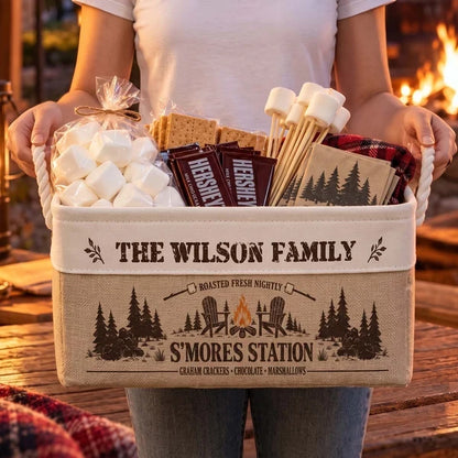 Cotton Linen Rope Basket, Personalized Family Campfire Storage, Unique Gift for Cozy S'mores Nights