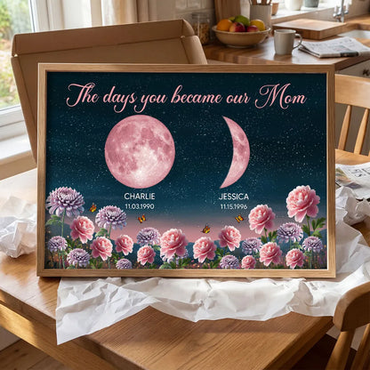 The Days You Became Our Mom Poster, Personalized Moon Phases and Birth Month Flowers, Heartfelt Gift for Mom