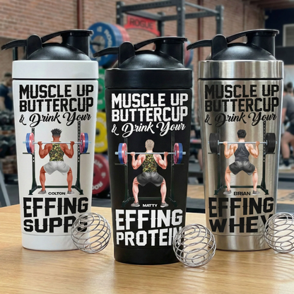 Stainless Steel Protein Shaker, Personalized Muscle Up Buttercup Quote - Unique Fitness Gift for Gym Lovers