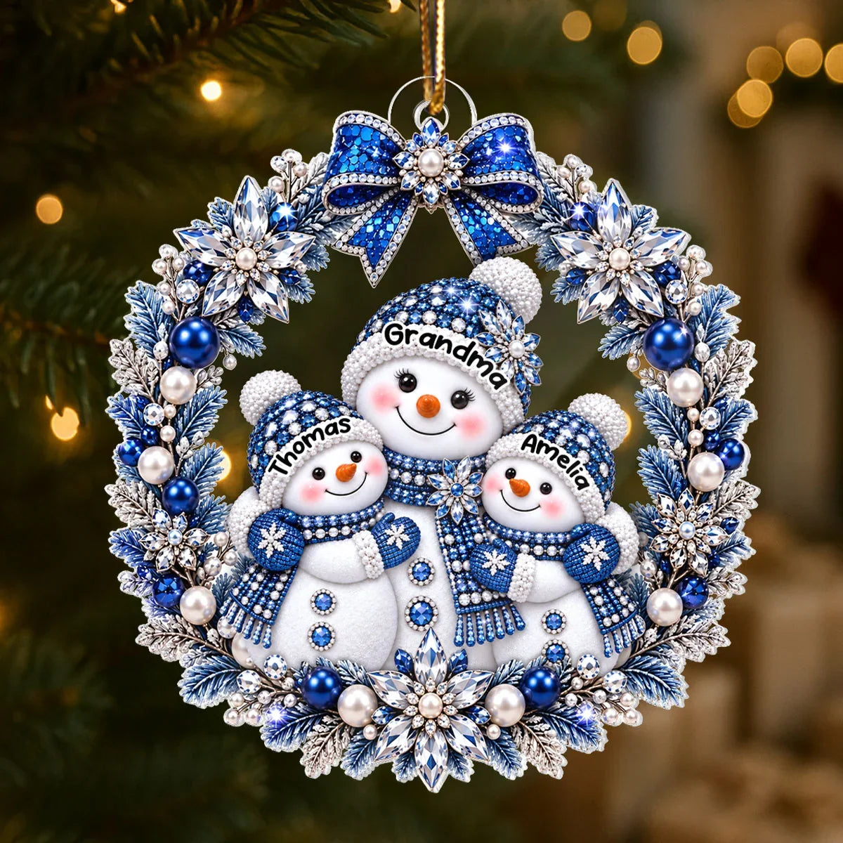 Personalized Acrylic Ornament, Blue and Silver Snowman Wreath, Unique Christmas Gift for Grandma