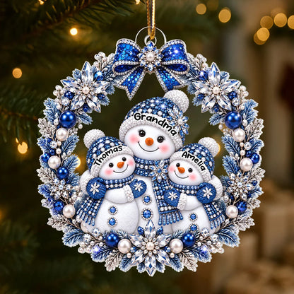 Personalized Acrylic Ornament, Blue and Silver Snowman Wreath, Unique Christmas Gift for Grandma