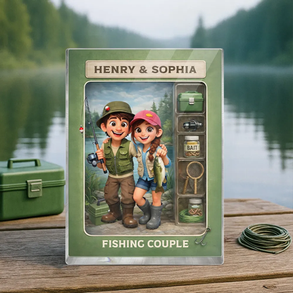 Personalized Rectangle Acrylic Block Plaque Fishing Couple Cartoon Keepsake for Lake-Loving Partners, Unique Creative Gift