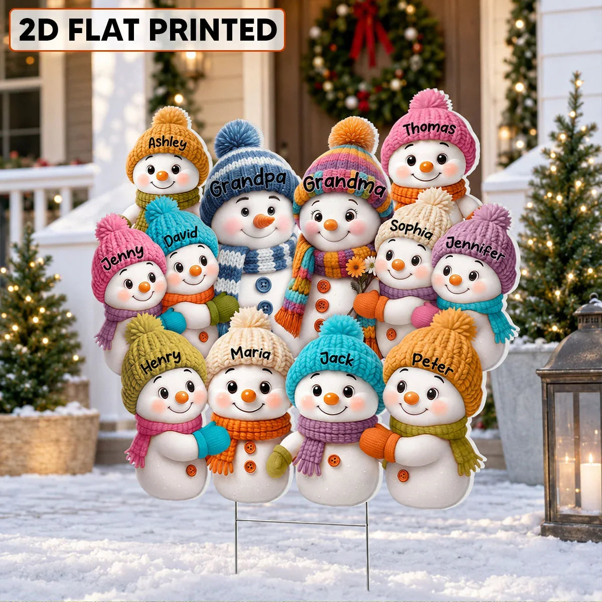 Personalized Shaped Yard Sign, Colorful Snowman Family in a Snowy Christmas Yard, Unique Gift for Grandparents