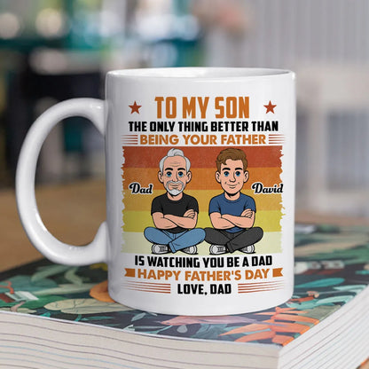 Personalized Father & Son Mug, Cartoon Dad Watching Son Become a Dad, Unique Father's Day Gift